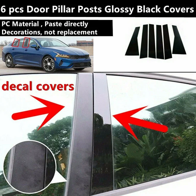6Pcs Glossy Black Door Trim Pillar Posts Window Trim B C Column Sticker Decor Cover  Fit For KIA Optima K5 2020 2021 20220