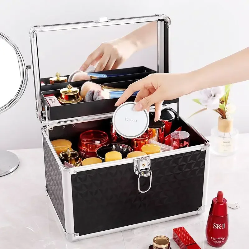 2024 Professional Makeup Box Aluminum Alloy Make Up Organizer Women Cosmetic Case with Mirror Travel Large Capacity Suitcase Bag