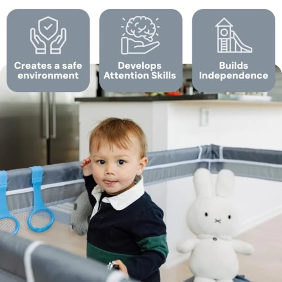 Kojec dla niemowląt - 178 x 150 cm szary - Bardzo duży kojec z siatki dla niemowląt i małych dzieci - Odporny na rozdarcia materiał Ox i przyssawki
