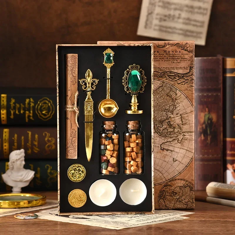 European map box fire paint seal set exquisite gift box gem seal handle European creative wax melting spoon