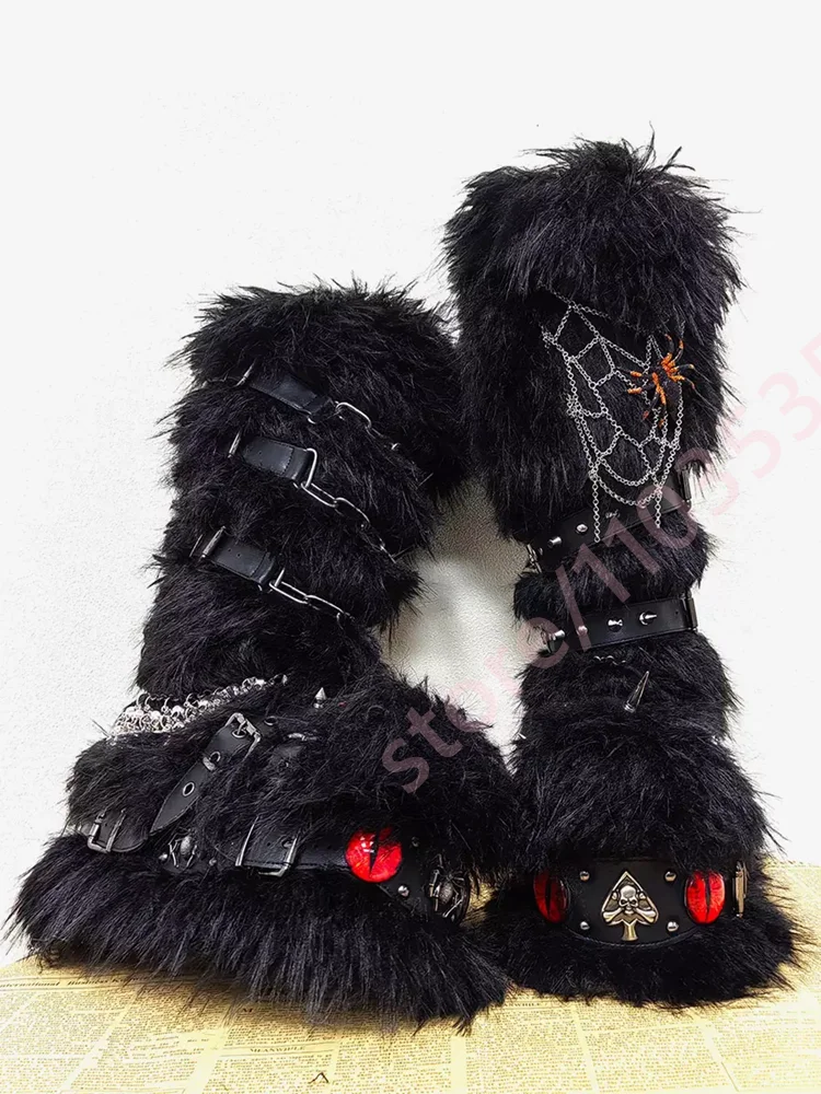 Gothic Black Furry Knee High Boots Spider Web Chain Spiked Buckle Strap Platform Boots Halloween Punk Cosplay Party Footwear