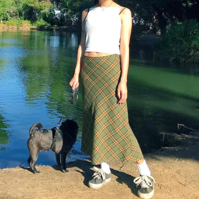 

Vintage 90s Plaid High Waist Brown Midi Skirts Indie Aesthetics Printing A-Line Long Skirt Y2K E-Girls Streetwear 2022 Summer