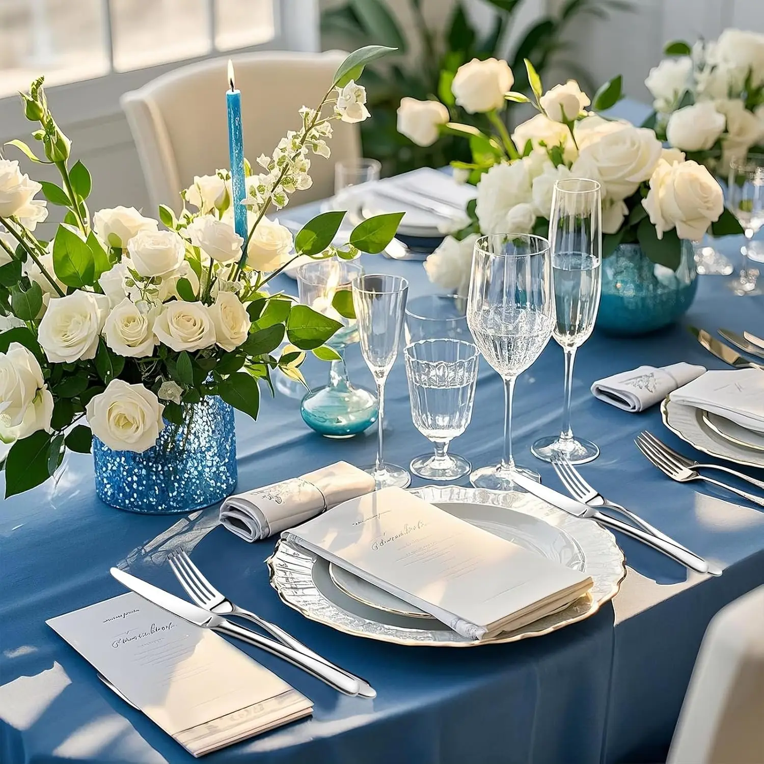 مجموعة أدوات مائدة من الفولاذ المقاوم للصدأ مكونة من 40 قطعة لـ 8 أشخاص، أدوات شديدة التحمل مع سكاكين شريحة لحم، آمنة للاستخدام في غسالة الأطباق، هدية زفاف