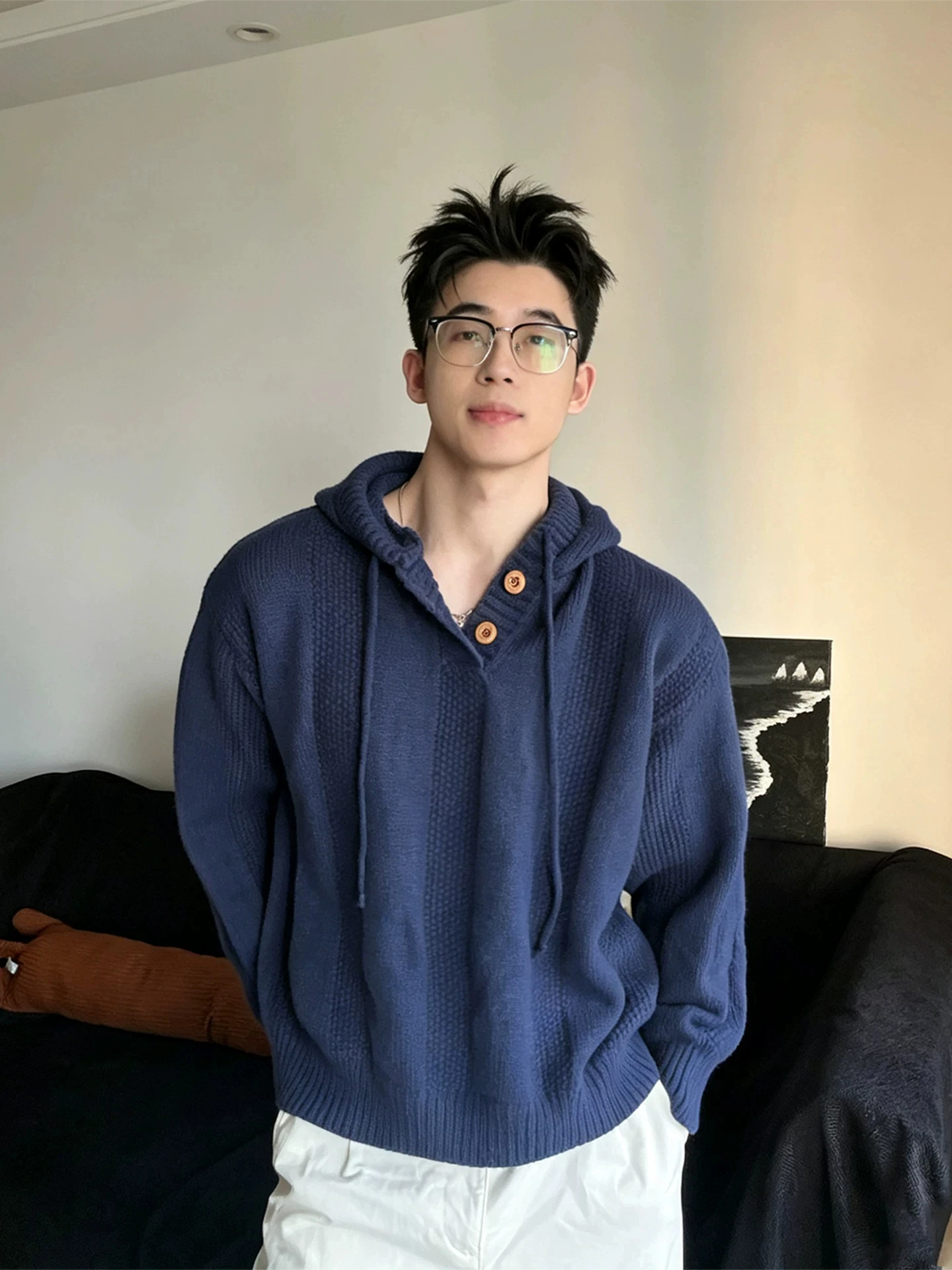 American Retro Lazy  Color Men's Knitted Sweater Autumn Winter Thick Warm Casual Loose All-Match Hooded Overhead Knitwear