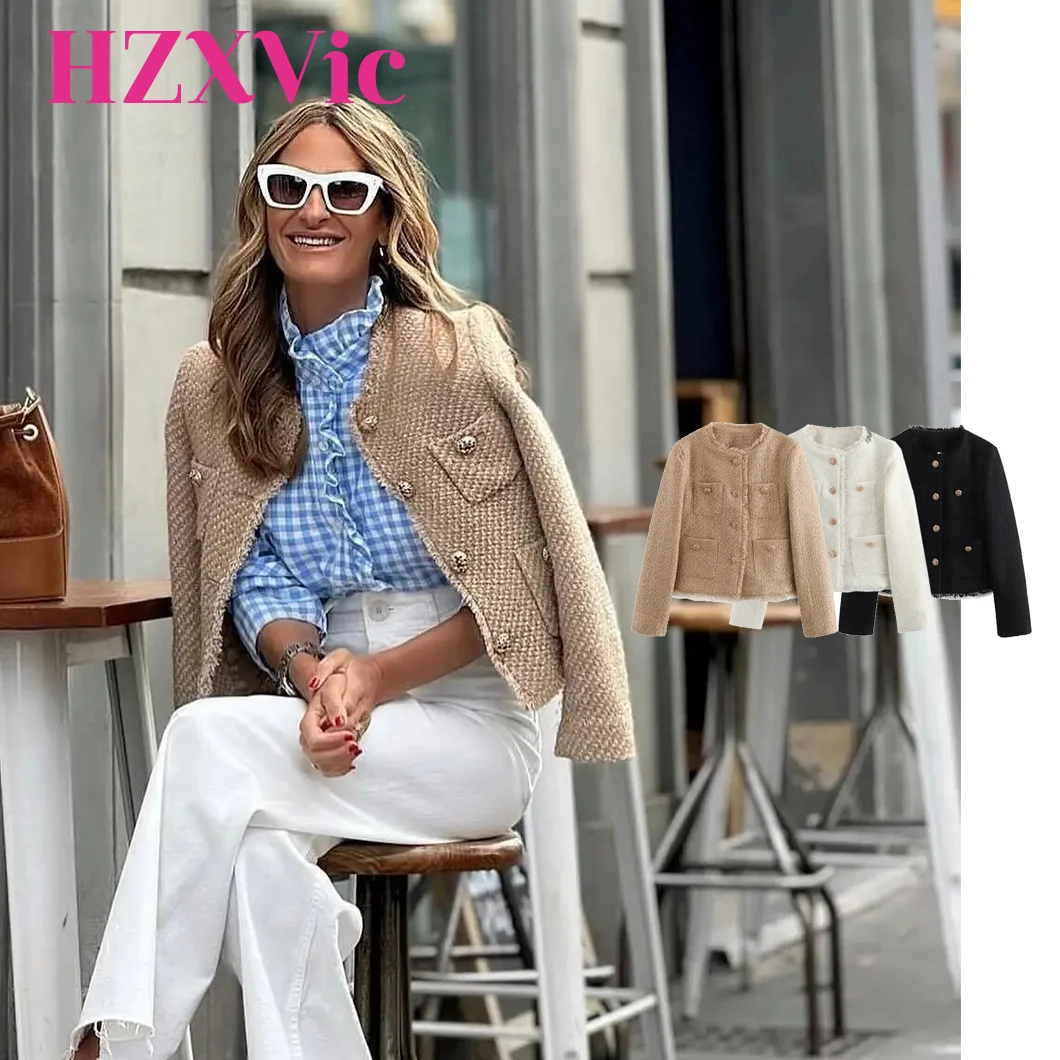 

HZXVic Elegant Women's Metal Button Pocket Coarse Spinning Short breasted Top Small Fragrant Style Coat