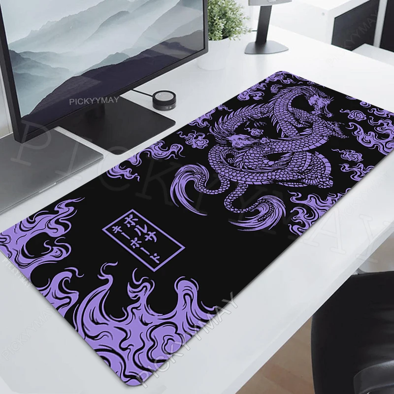 Dragon Gaming Mouse Pad, Tapete de rato grande, Base de borracha grande, Deskpad roxo, tapetes pretos, arte, 900x400