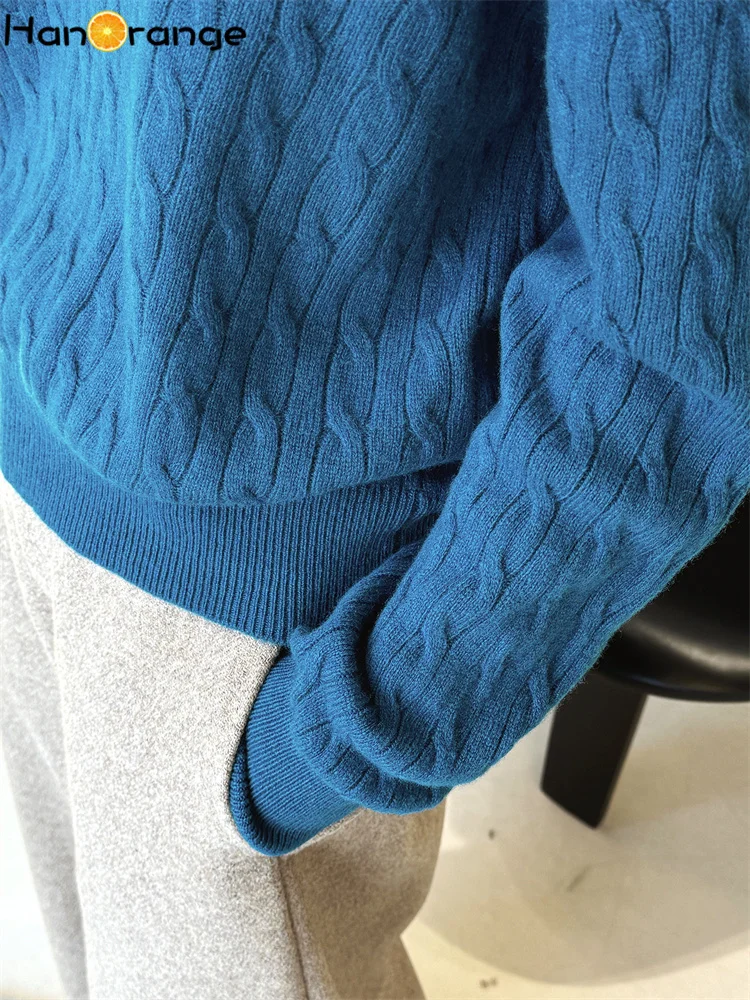 HanOrange 2025 Early Spring Lazy Twisted Flower Knitted 100% Wool Sweater Women Loose Comfortable Top Grey/Sea Blue