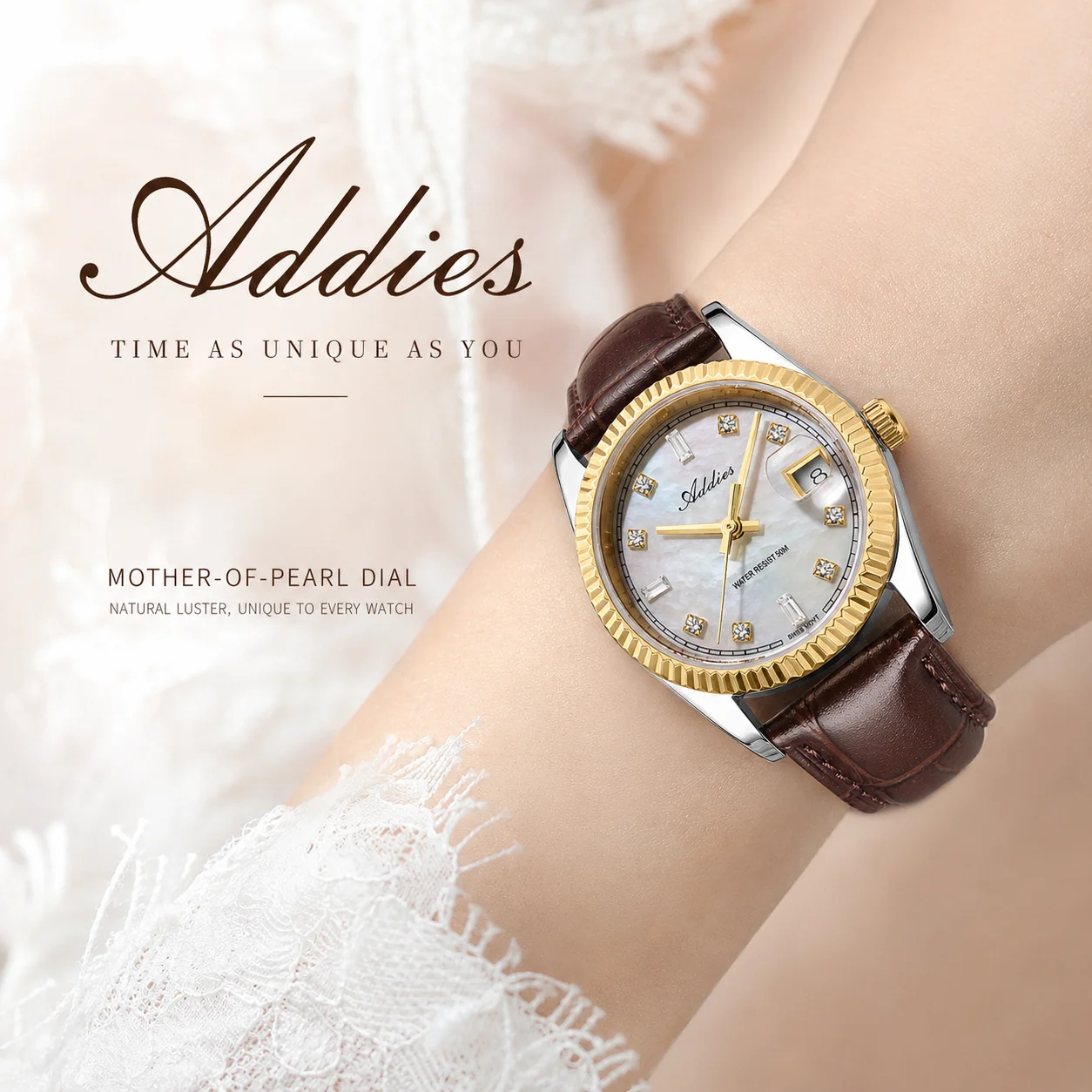 

Addies Stainless Steel Swiss 585 Ladies Quartz Watch Czech Rhinestones Mother of Pearl Dial Watches Sapphire Glass Wristwatch