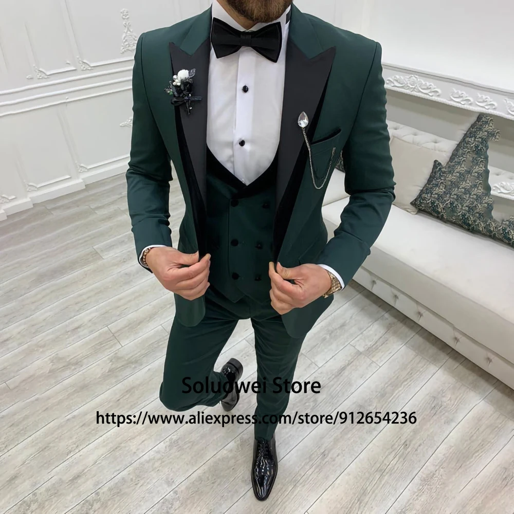 

Fashion Slim Fit Suit For Men 3 Piece Jacket Vest Pants Set Formal Groom Wedding Peaked Lapel Tuxedo Male Office Business Blazer