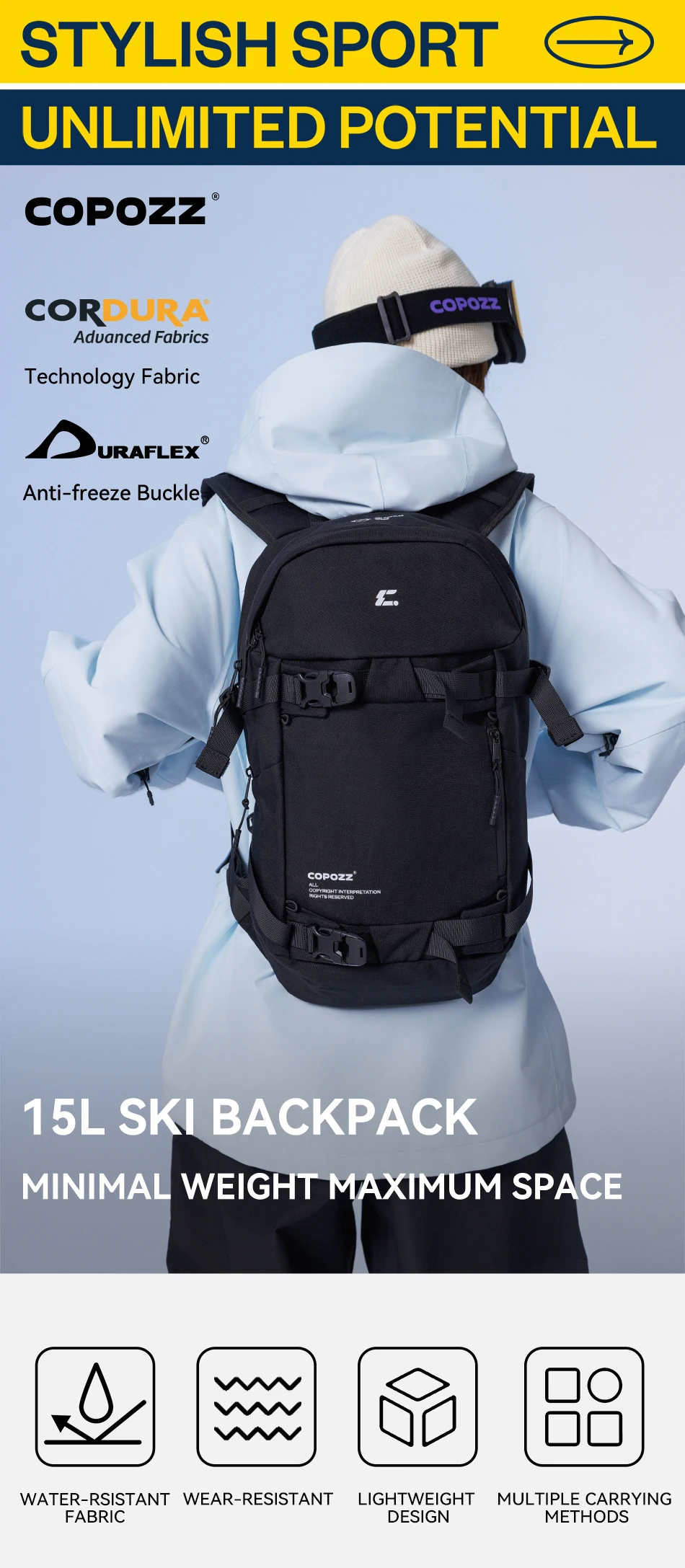 COPOZZ Skitasche, wasserdicht, leicht, verschleißfest, für Reisen, großes Fassungsvermögen, Outdoor-Sportzubehör, Snowboard-Aufbewahrungsrucksack – Detail 2