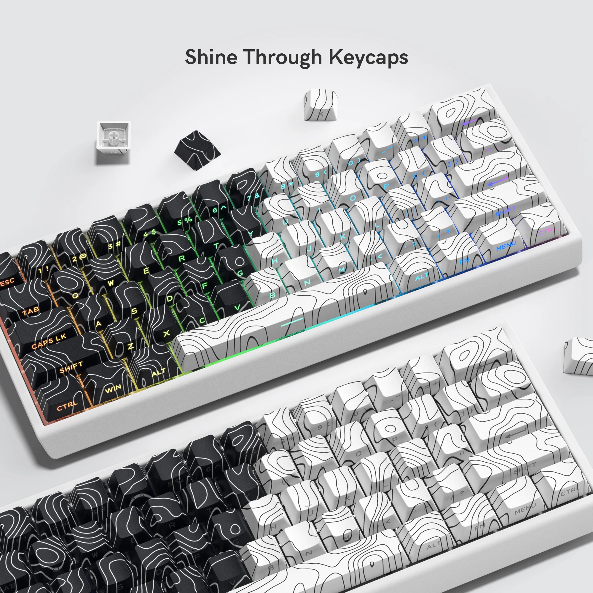 136 Keys Black White Topographic Side Print 5 Side Dye-Sub PBT Keycap Backlit Cherry Profile Key Cap For Mechanical Keyboard