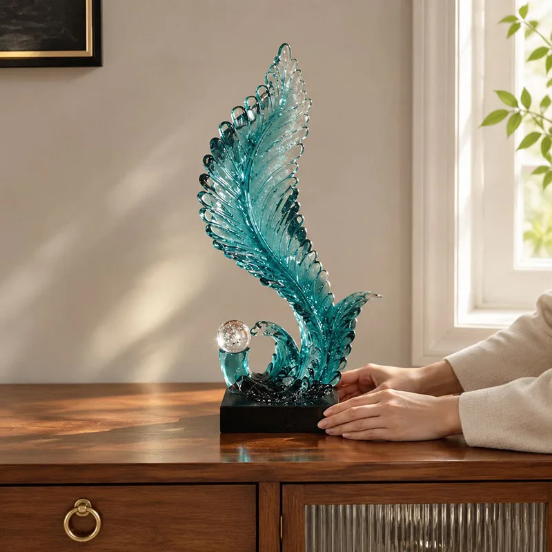 Home Decor Glass Feather Sculpture Modern Art Tabletop Ornaments Living Room TV Cabinet Entrance Decor Statue Housewarming Gifts