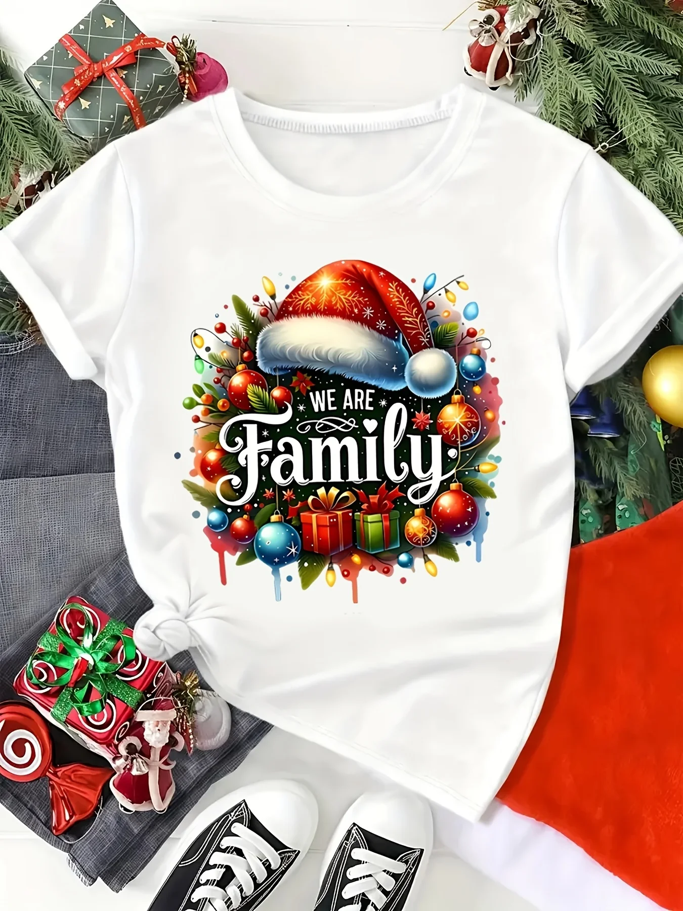 Christmas T Shirt We Are Family Santa Hat Bauble Print Casual Short Sleeve for Women Xmas Holiday Party Daily Wear Festive Top