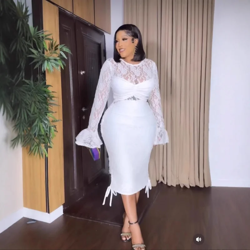 Robe moulante froncée en dentelle, nouveau Style européen et américain, élégante, manches longues, vêtements pour femmes