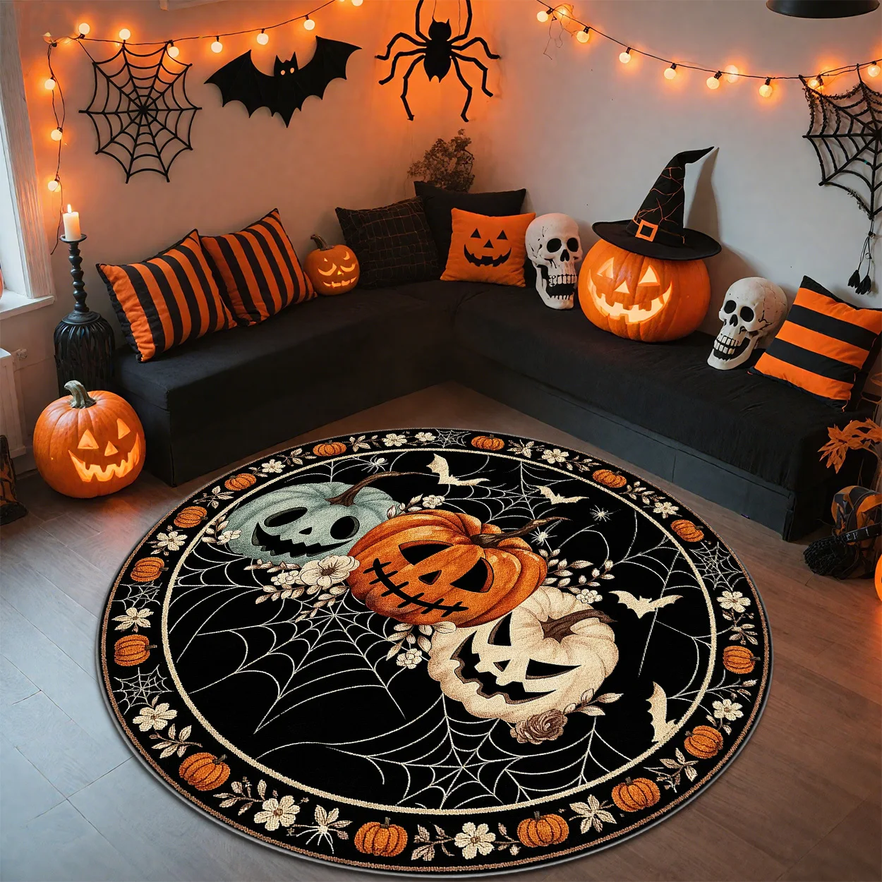 Halloween Carpet Three Colors Pumpkins Spider Webs Back Door Bedroom Bedside Festive Home Decor Large Area Rugs Floor Mat