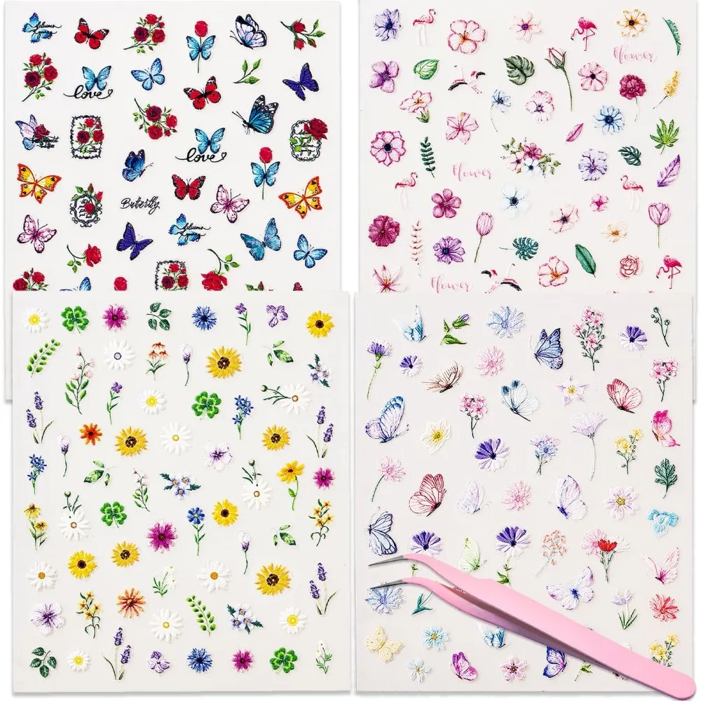 Summer Gel Nail Stickers for Nail Art Designs Adhesive 3D Floral Embossed Decals 4 Sheets Cute 5D Flower Polish Design Stickers Kit for Women Girls Kids DIY Manicure with Nail Art Tweezers Long Lasting Waterproof Nail view 6