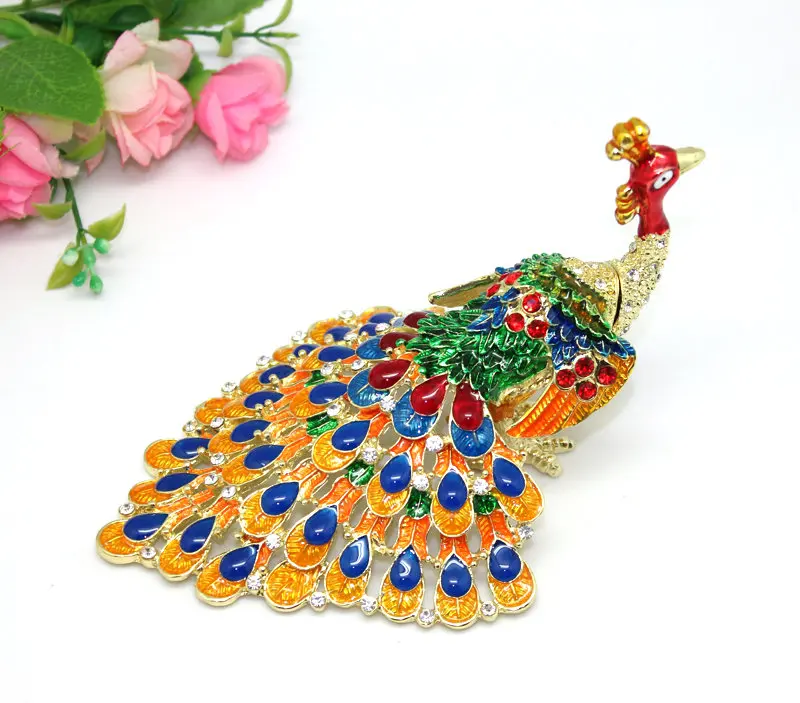 SHINNYGIFTS Handmade Enameled Metal Trinket Box Peacock Jewelry Gift Box Home Decorative Boxes