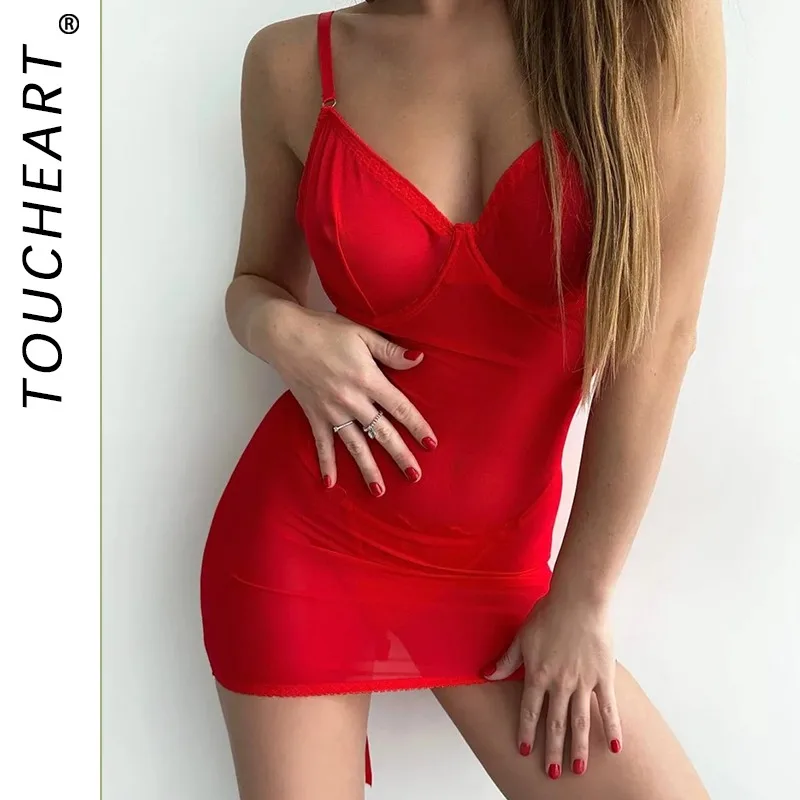 

Toucheart See-through Lace Sexy Underwear Pajamas Set Skinny High Waisted Plunge Hollow Out Spaghetti Strap Solid Color Pajamas