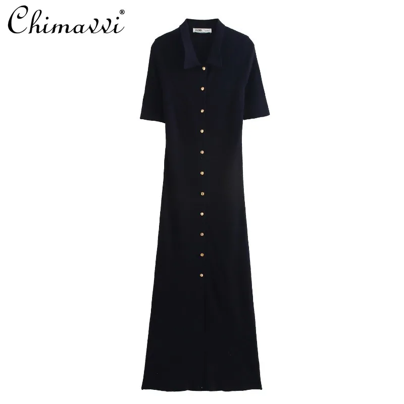 

2024 New European and American Fashion Breasted Dress Knitted Black Long Single-Breasted Dress For Women