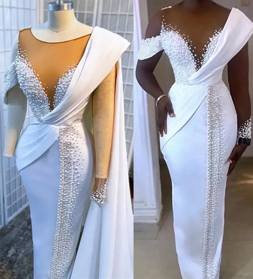 

Plus Size Arabic Aso Ebi Wedding Dresses Pearls Beaded stain illusion long sleeve cape nigerian princess bridal gown