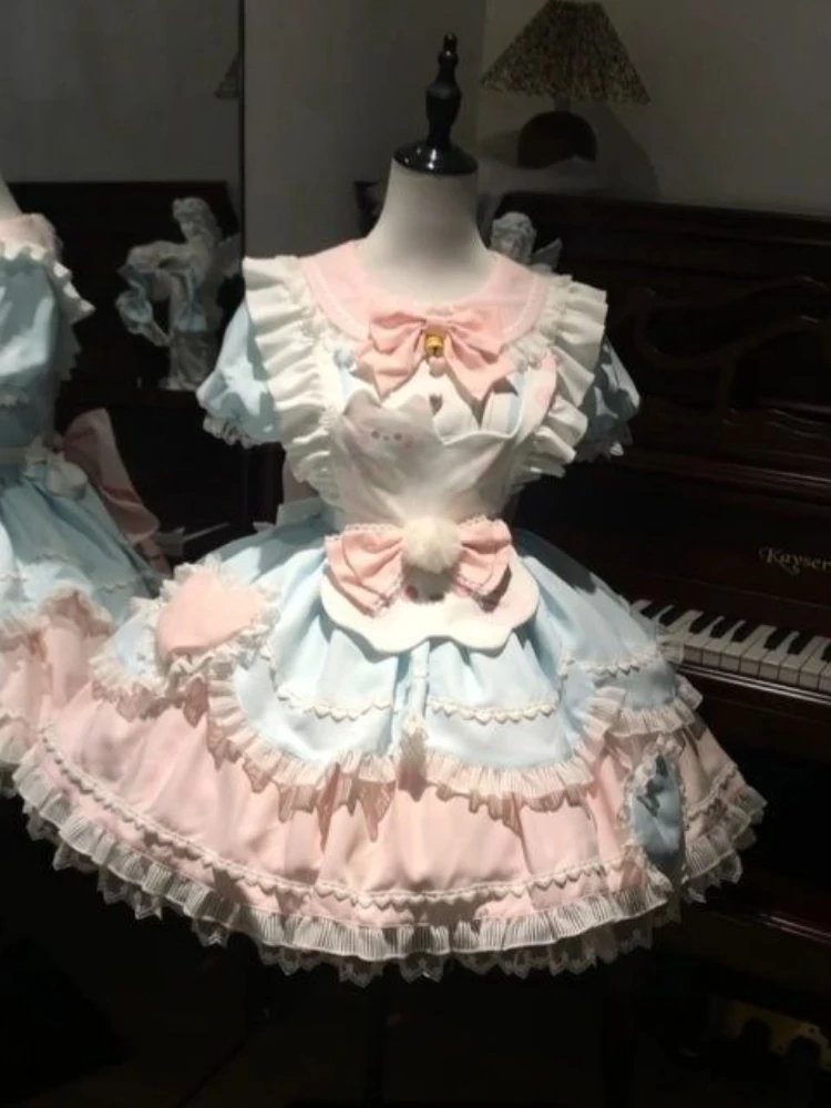 2025 ฤดูร้อนน่ารักLolitaลูกไม้แมวชุดผู้หญิงBow Suspenderผ้ากันเปื้อนPatchworkชุดเจ้าหญิงหวานญี่ปุ่นใหม่ 2 ชิ้นชุด