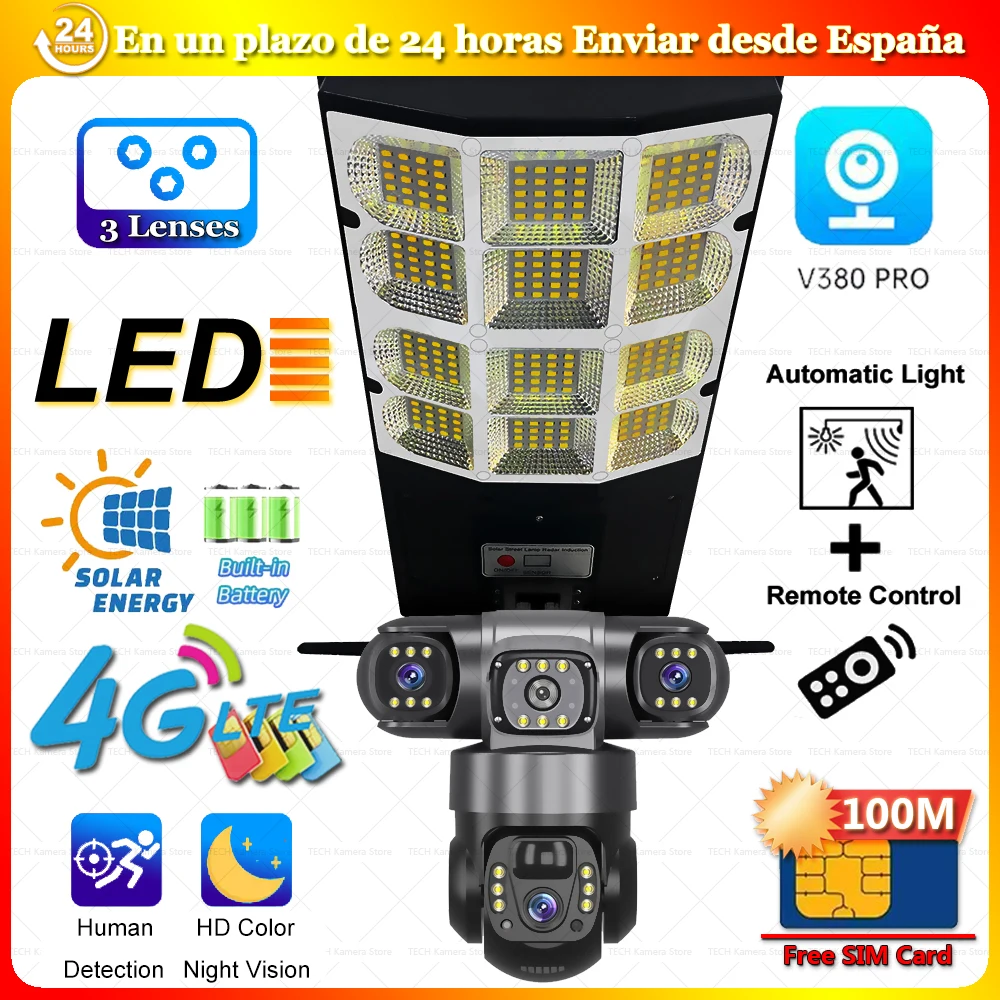 Cámaras Solares 4G 2 en 1 con 3 Lentes HD, Visión Nocturna, Seguridad Inteligente para el Hogar, Protección 360, Control Remoto Inalámbrico PTZ,
