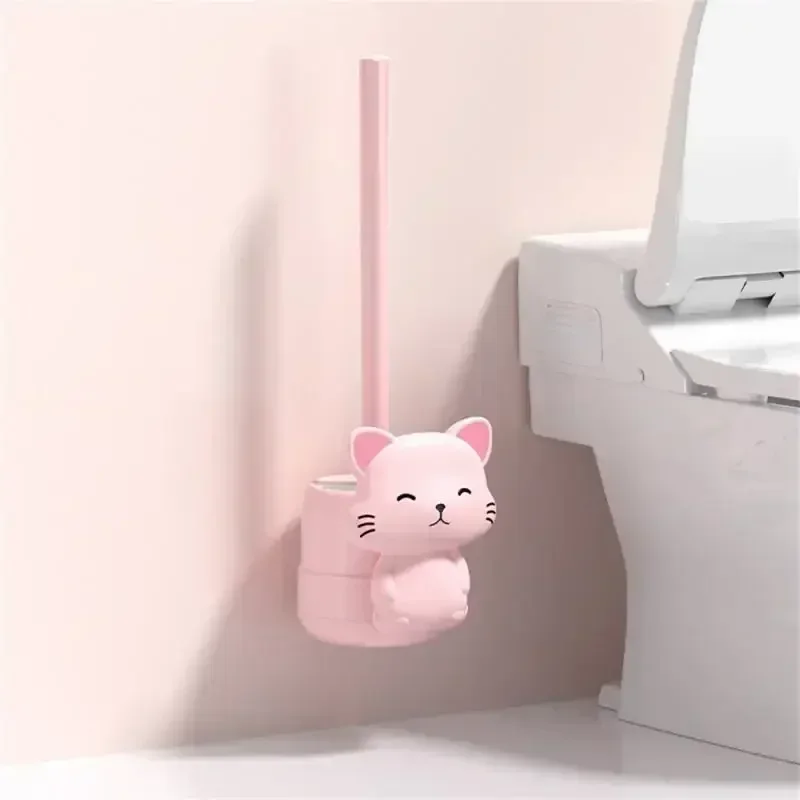 No Dead Angle Sanitary Brush Cute Cat Base Long Handle Squat Pit Cleaning Washing Toilet Artifact Toilet Brush Set Wall-mounted