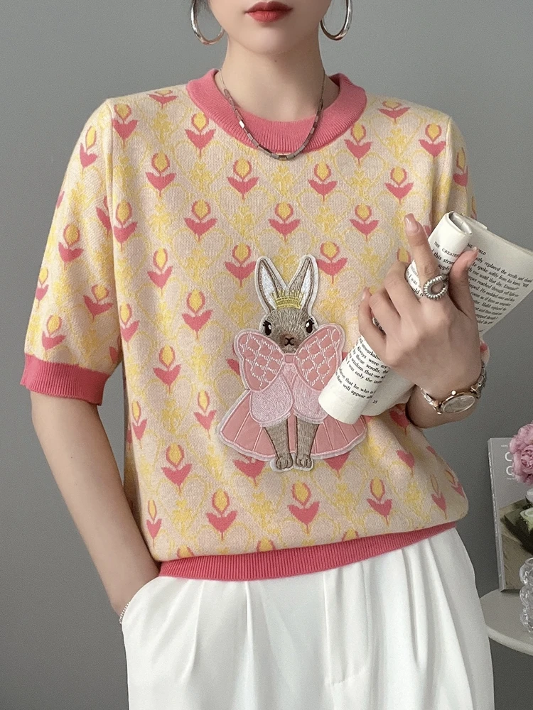 Women 2023 Spring Summer New Ice Thin Short-Sleeved Multicolour Sweater Tshirt Sweet Love Embroidered Rabbit Pullover Top Jumper