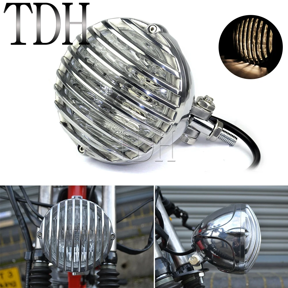 Motorcycle Alloy Vintage Scalloped Headlight Finned Prison Grill Lamp Hi/Lo Beam For Cruiser Chopper Bobber Cafe Racer XS650 XL