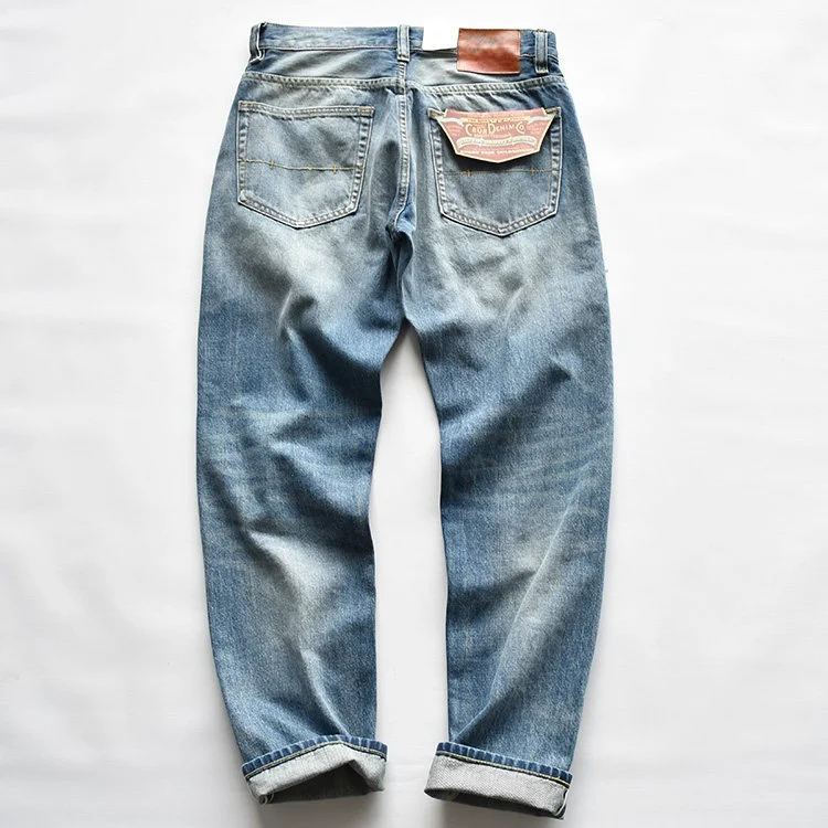 14oz 100% Cotton Washed Selvedge Denim Jeans Men's American Vintage Distressed Amekaji Slim Straight Fit Casual Trousers Autumn