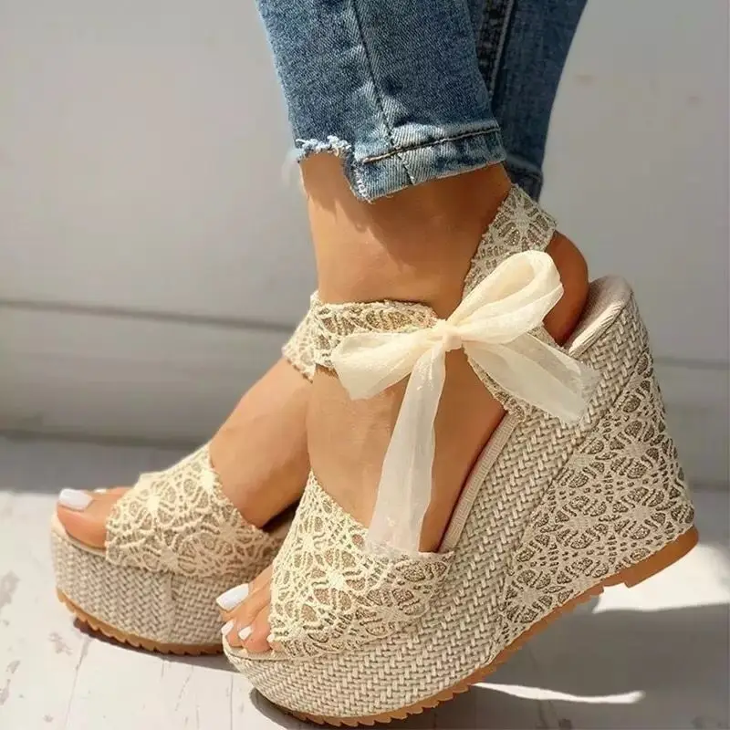 Hot Lace Leisure Women Wedges Heeled Women Shoes 2022 Summer Sandals Party Platform High Heels Shoes Woman