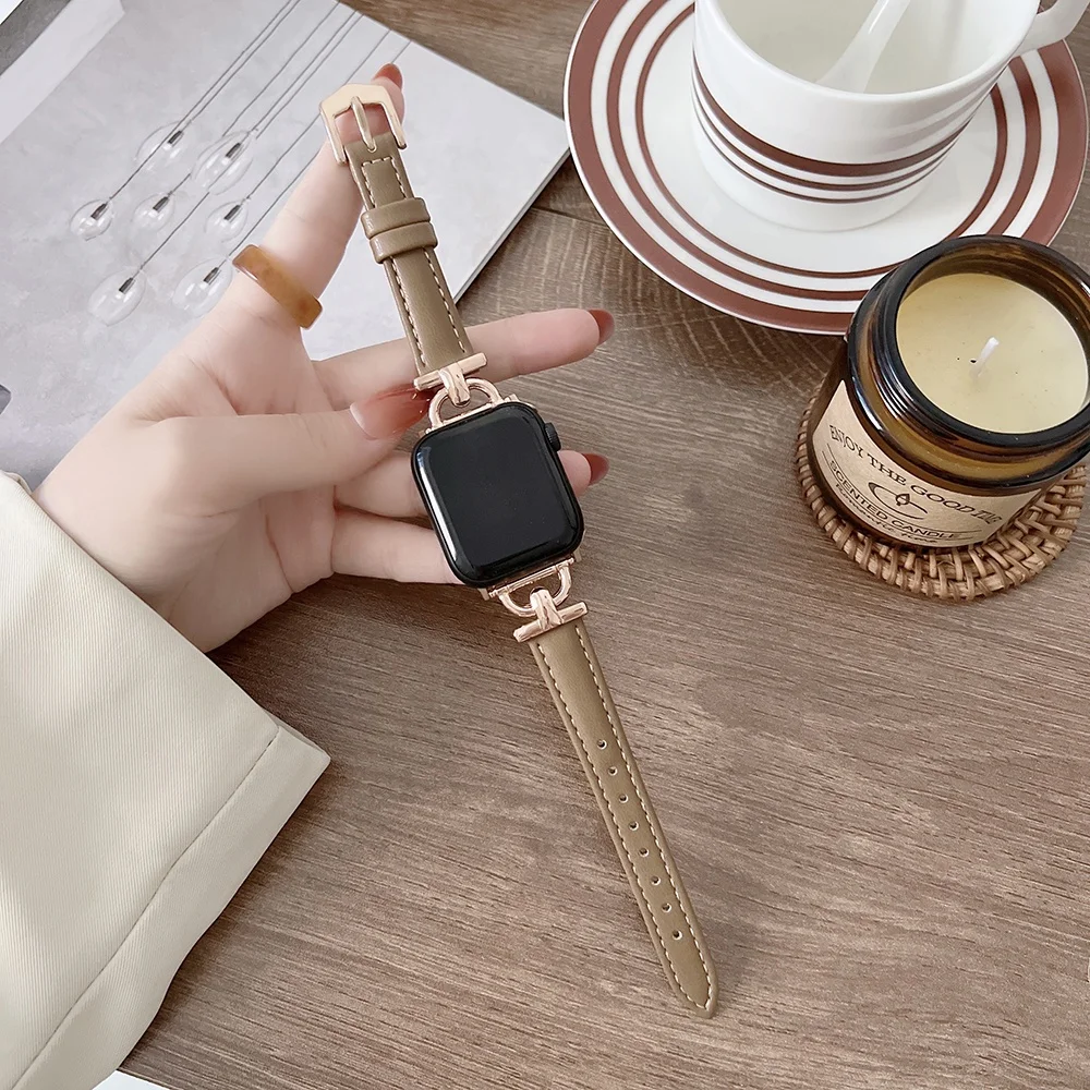 Leather Slim Watchband For Apple Watch Band 41MM 45MM 40mm 44mm 38mm 42mm Series 8 7 SE 6 5 4 3 2 Woman Thin Correa Wrist Strap