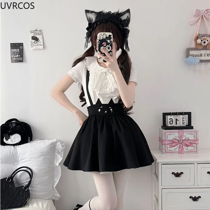 Ensemble de jupe Sweet Lolita pour femme, col claudine Kawaii, t-shirt à nœud, sangle imprimée chat, mini jupes gothiques pour femme, trempée Lolita, Y2K