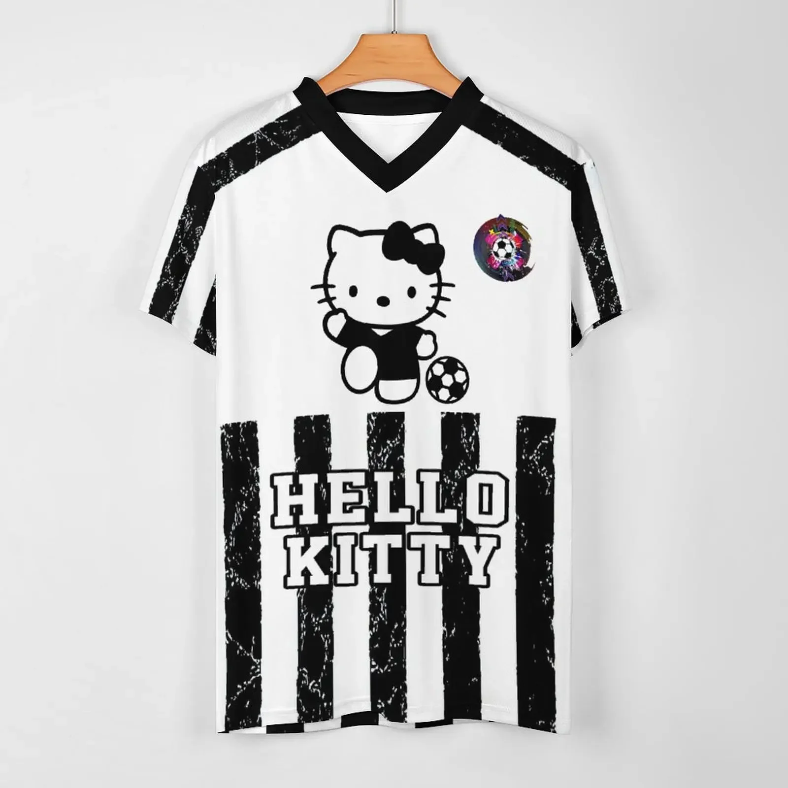 

Summer Fashion Men's Hello Kitty V-neck Football Jersey Casual Sport Short Sleeve Harajuku Loose Tshirt Streetwear Clothing Top