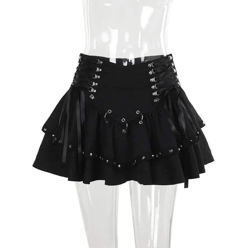 Sexy Gothic Black Lace-up Metal Rivet Mini Skirts Y2K Vintage A-Line Short Skirts Women Fashion Autumn Streetwear Halloween
