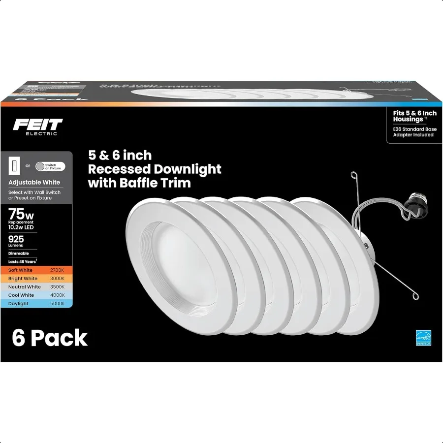 

LED Downlight Retrofit Kit with Baffle Trim 75W Equivalent 5 6Inch Dimmable Reced Can Light Adjustable White 2700K5000K 90+ CRI