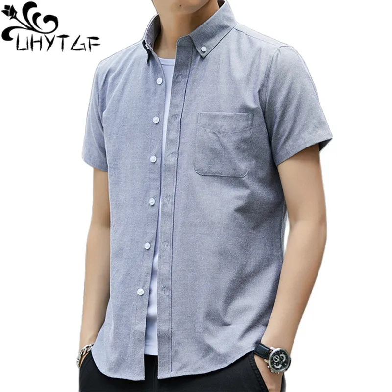 

UHYTGF Youth Fashion Shirts Men Oxford Spinning Short-Sleeved Summer Blouses Male Solid Color Lapel Casual Thin Tops For Men 320