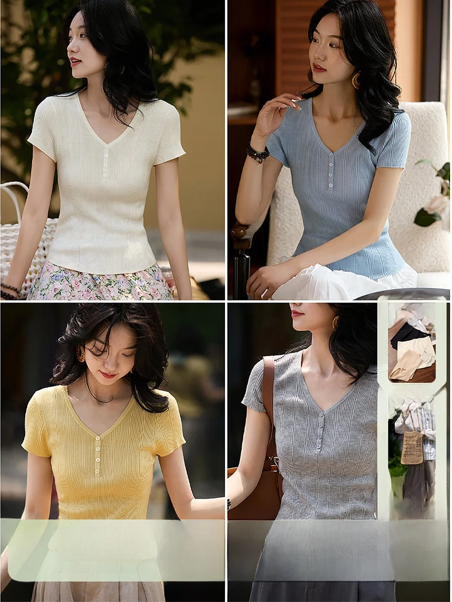 

A4 Waist a Knitted Lenzing Wool Silk ort Sve V-Ne Top Women's Faion Summer New Arrival OL Sle Casual Wear