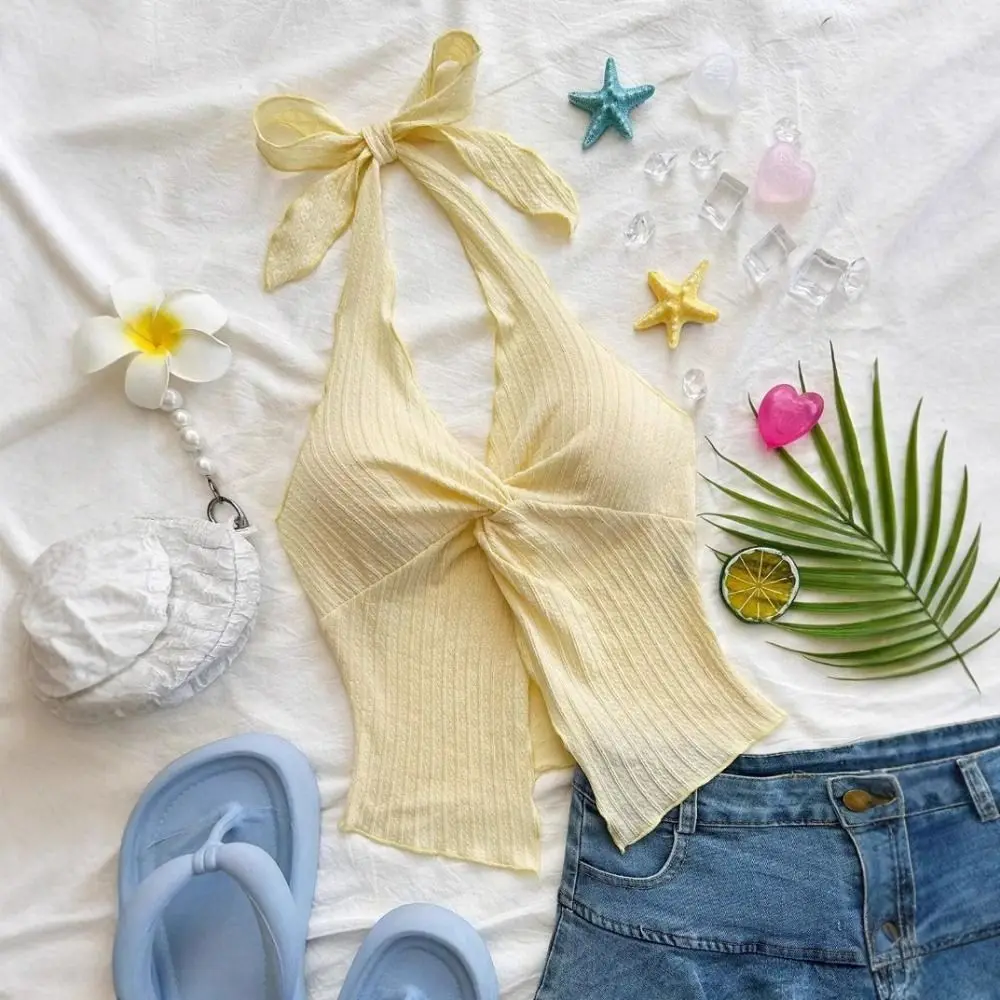 

Sexy Women V-neck Halter Neck Crop Top for Women Summer Y2K Clothes Sleeveless Solid Split Backless Top Tether Sling Camisole