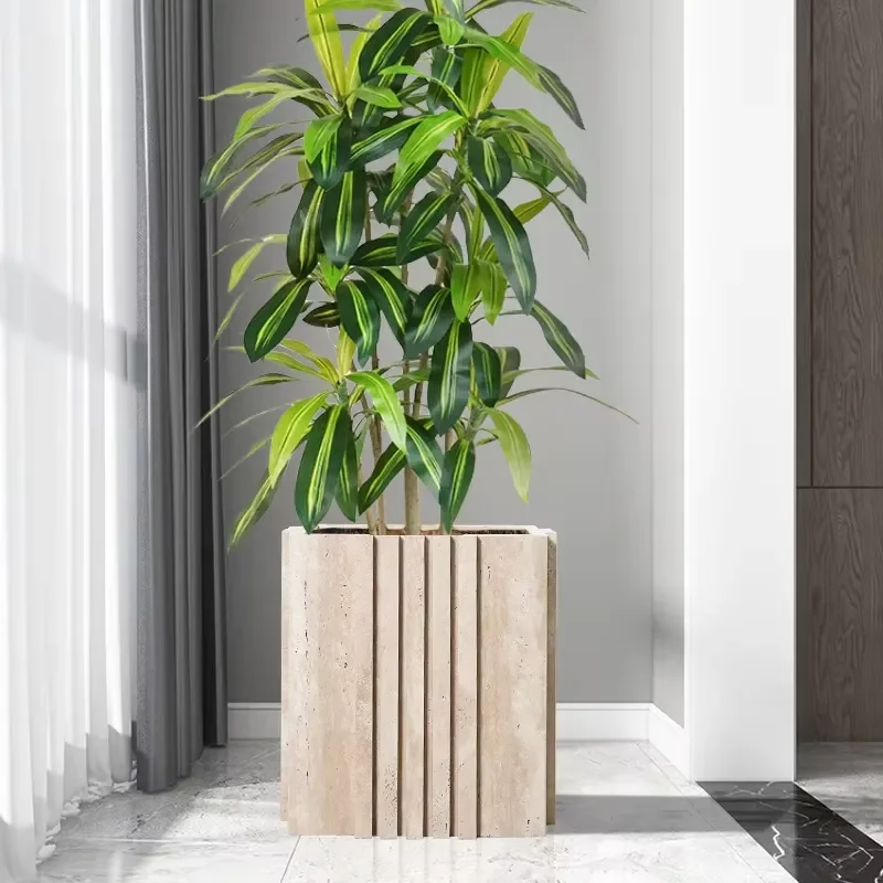 Custom Logo Square Limestone Vase French Medieval Style Natural Stone Plant Pot Luxury Home Decor Ornament Modern Design