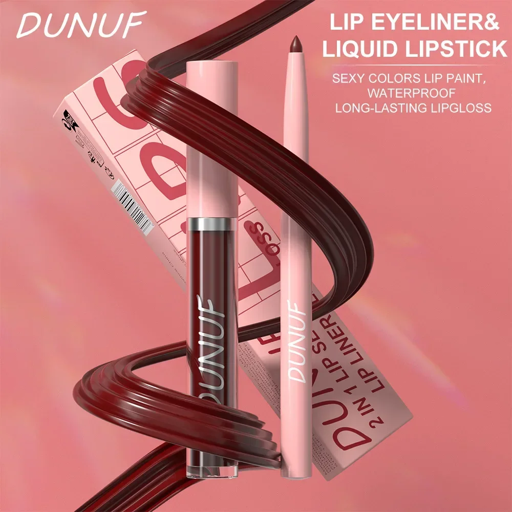 DUNUF 2 IN 1 ลิปสติก Lipliner ชุดปากกา Matte Nude Lip Liner ดินสอกันน้ําลิปสติกติดทนนานปากกา Contour แต่งหน้าสําหรับผู้หญิง