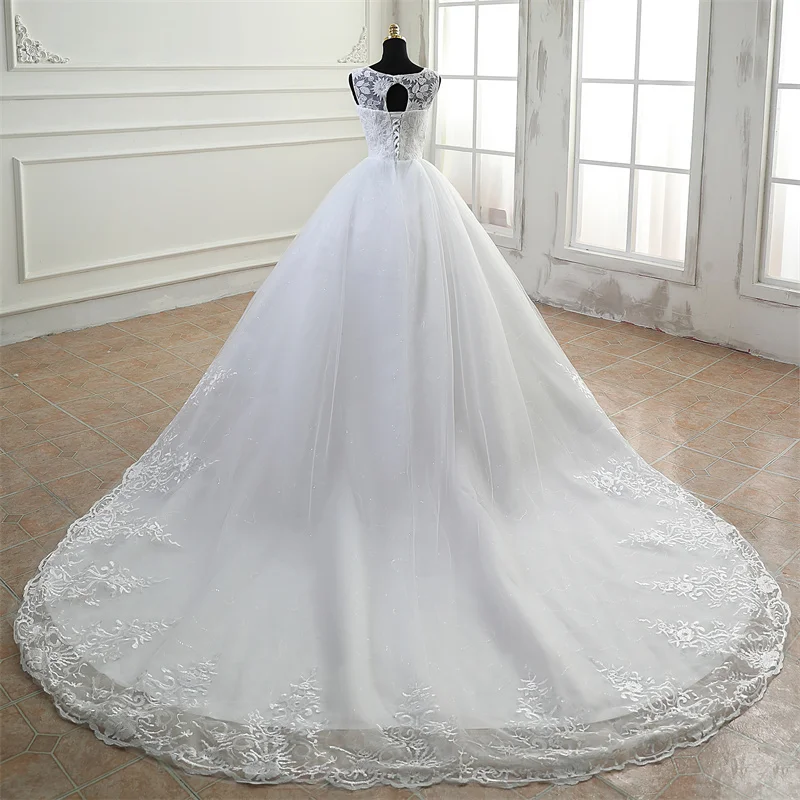 Y&M Novias O Neck Cheap Vestido De Noiva Off White Wedding Dress Train or Floor Custom Made Plus Size Bridal Tulle Mariage