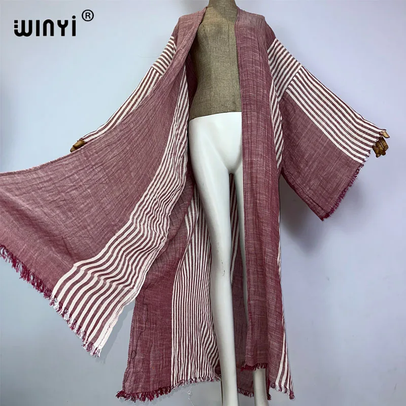 Nowa wygodna damska kurtka jesienny w paski z nadrukiem płaszcz plażowy luźna sukienka Boho luźna wakacyjna futerał do pływania up Kimono