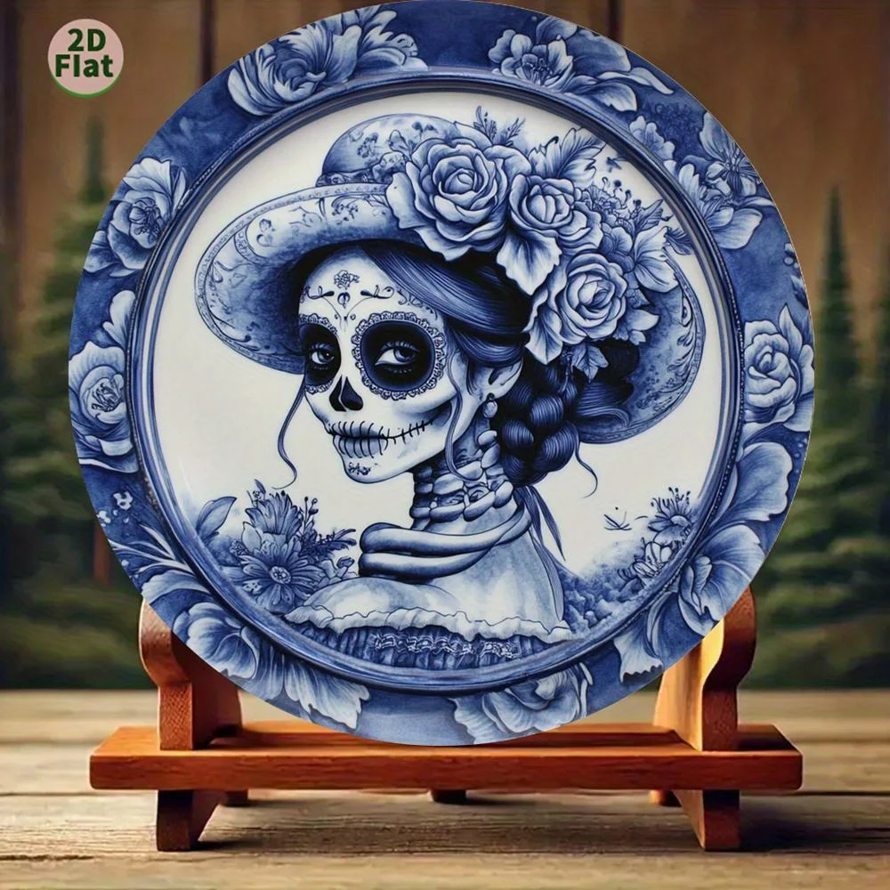 2D-dimensional plane, Mexican folk art Catrina skull aluminum sign-vintage blue and white aluminum wall decoration, Lady Catrina