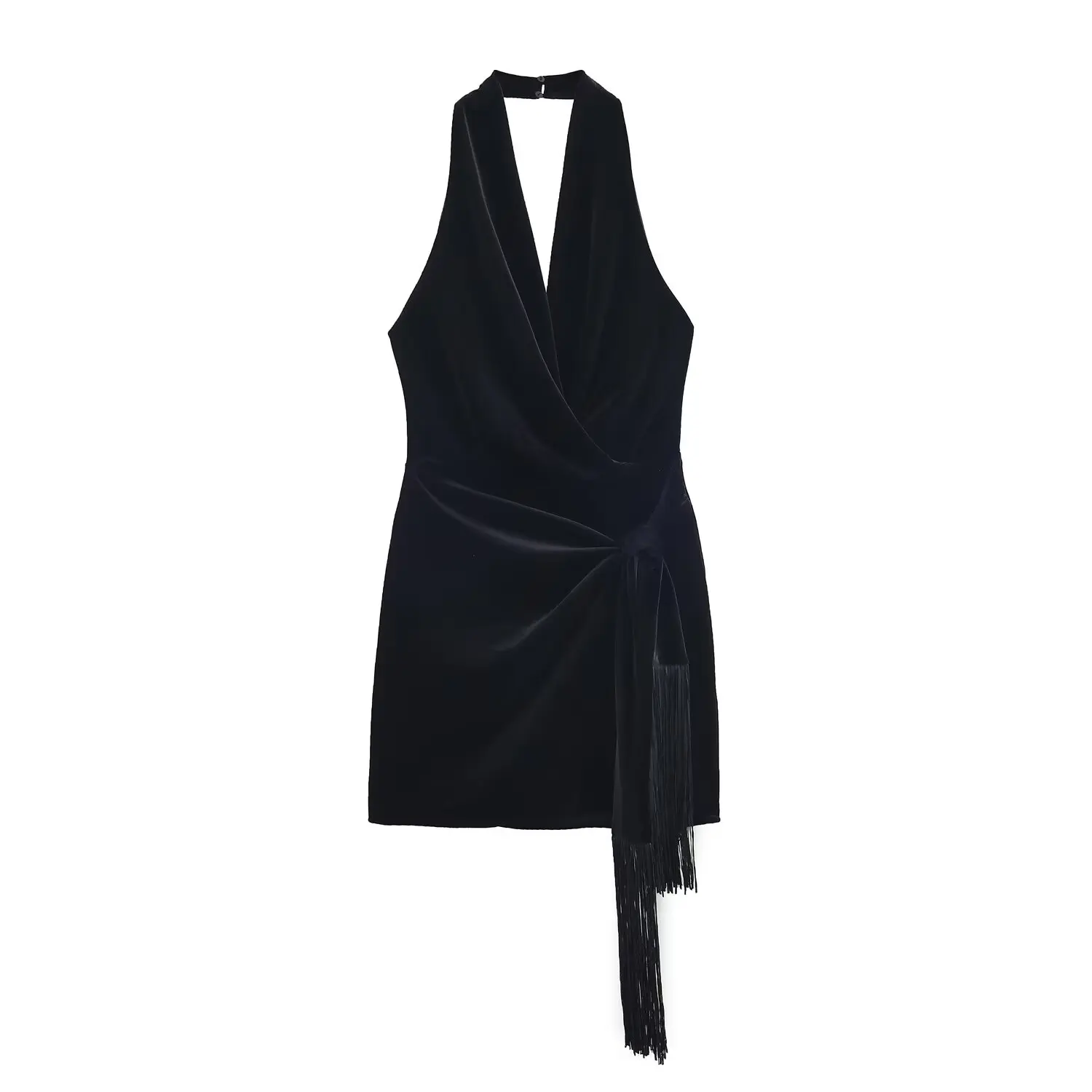 BSAY Tassel Velvet Short Dress Women Fashion Autumn Winter birthday party sexy Halter V-neck French Chic Female Evening Clothing