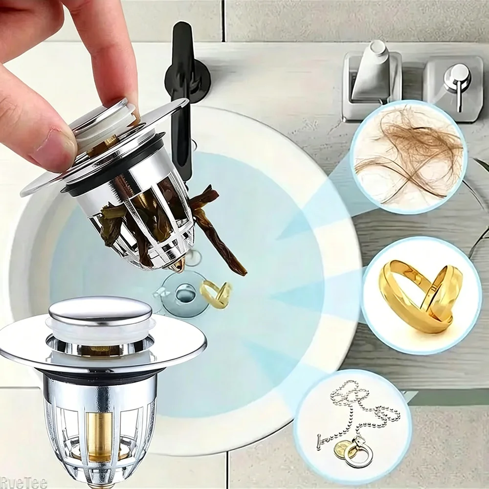 1/2/5pcs Universal Rebound Drain Plug Filter Basin Pop-up Chrome Sink Filter with Hair Catcher Bathroom Sink Drain Stopper