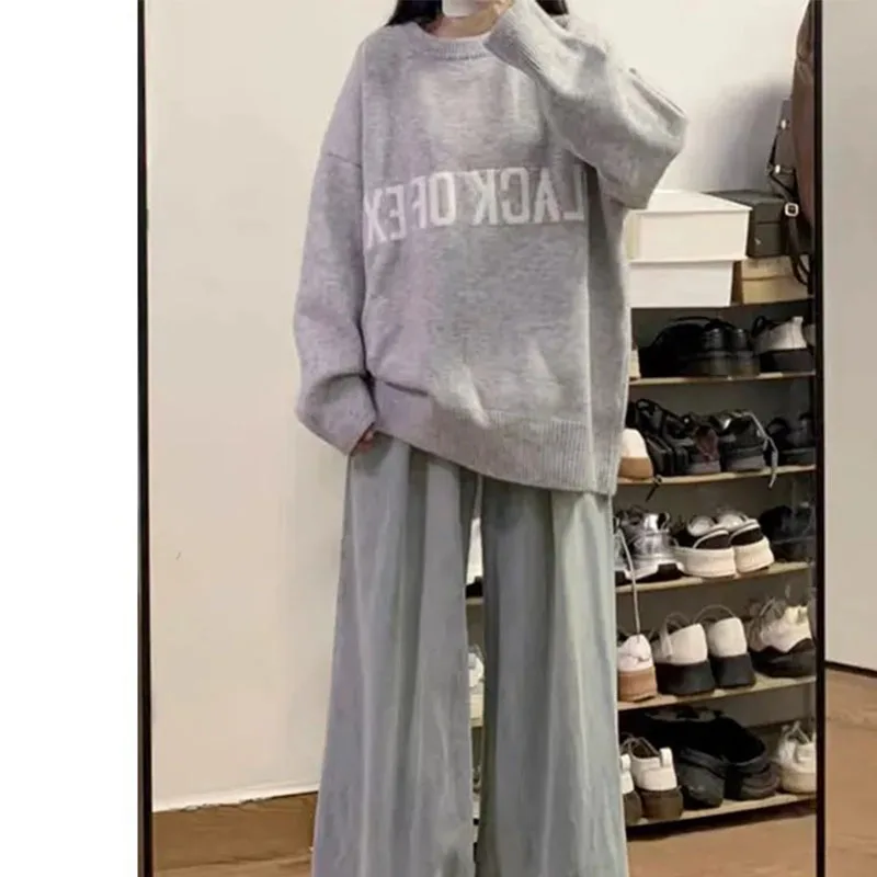 

Жаккардовый свитер с круглым вырезом и надписью, вязаный женский осенне-зимний свободный ленивый теплый мягкий восковый топ в стиле ретро