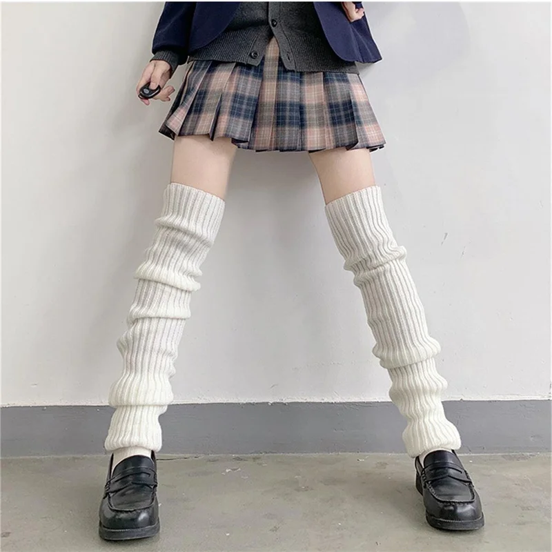 Winter Japanese College Style Retro Button Leg Warmer Women's Knitted Sock Cover white Long Pile Socks
