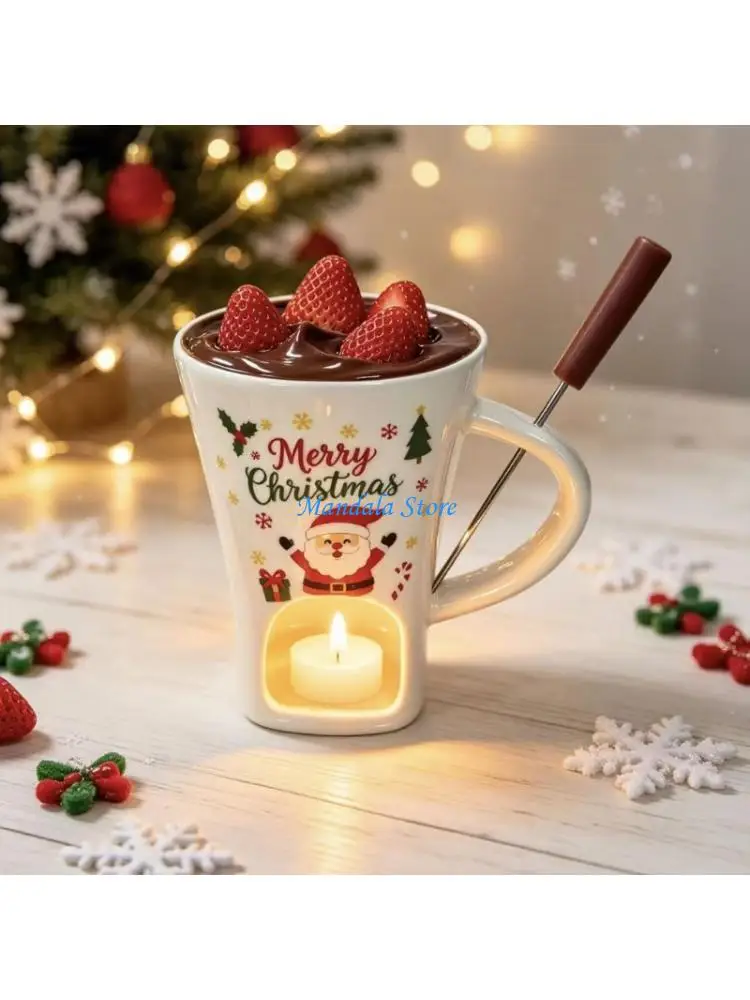 U2JC Ceramic Small Fondue Pot With Fork and Tealight For Chocolate And Cheese Melting, Small Butter Warmer Dipping Mug Cup Gift