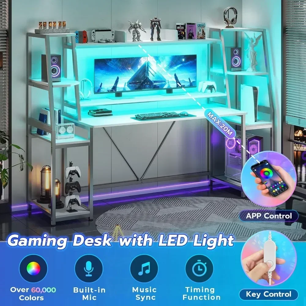 

Gaming Desk 78.8'' with LED Lights, Hutch and Storage Shelves, Computer Desk with Monitor Stand Black Computer Desks